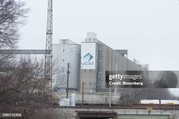 Grain elevators at the soybean processing facility at the Archer-Daniels-Midland Co. West Plant in Decatur, Illinois, US, on Tuesday, Feb. 6, 2024....