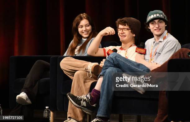Grace Van Dien, Gaten Matarazzo and Finn Wolfhard speak during a Q&A session at MegaCon Orlando 2024 at Orange County Convention Center on February...