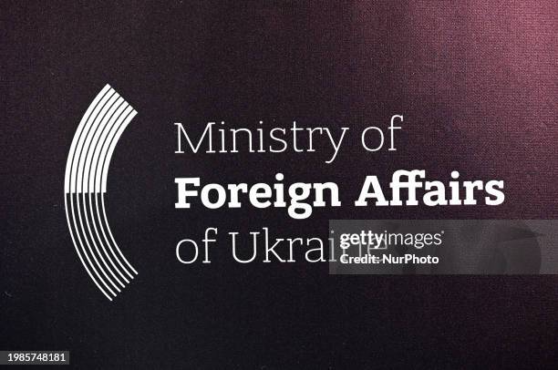 The logo of the Ministry of Foreign Affairs of Ukraine is being displayed on a banner at the International Cybersecurity Forum 2024 in Kyiv, Ukraine,...