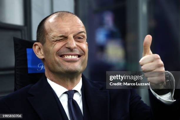 Massimiliano Allegri, Head Coach of Juventus, gestures a thumbs-up prior to kick-off ahead of the Serie A TIM match between FC Internazionale and...