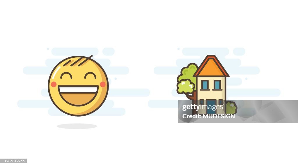 Maison avec icône emoji visage souriant. Résidentiel isolé, Appartement privé Maison plat symbole coloré