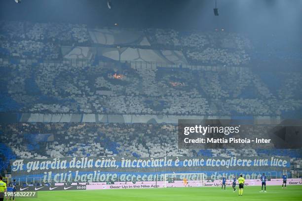 General view inside the stadium as the fans of FC Internazionale perform a Tifo prior to kick- off ahead the Serie A TIM match between FC...