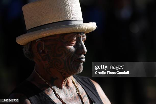 Tame Iti leads his hikoi of hundreds to Te Whare Rūnanga for a pōwhiri on February 05, 2024 in Waitangi, New Zealand. The Waitangi Day national...