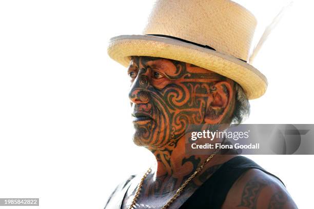 Tame Iti leads his hikoi of hundreds to Te Whare Rūnanga for a pōwhiri on February 05, 2024 in Waitangi, New Zealand. The Waitangi Day national...