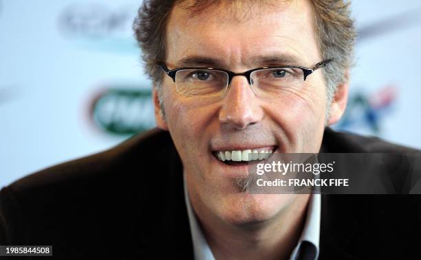 France national football team's head coach Laurent Blanc gives a press conference on February 23, 2012 in Paris, to announce his squad before the...