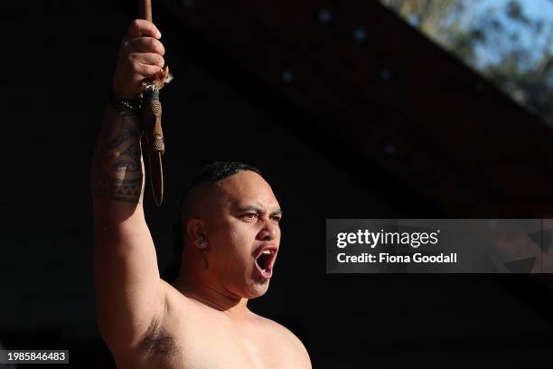 Warrior challenges Tame Iti and a hikoi of hundreds to Te Whare Rūnanga for a pōwhiri on February 05, 2024 in Waitangi, New Zealand. The Waitangi Day...