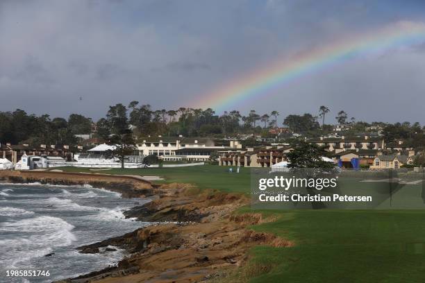 General view of a rainbow over the 18th hole during the delayed final round start the AT&T Pebble Beach Pro-Am at Pebble Beach Golf Links on February...