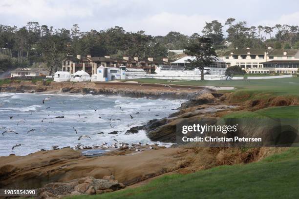 General view of the 18th hole during the delayed final round start the AT&T Pebble Beach Pro-Am at Pebble Beach Golf Links on February 04, 2024 in...