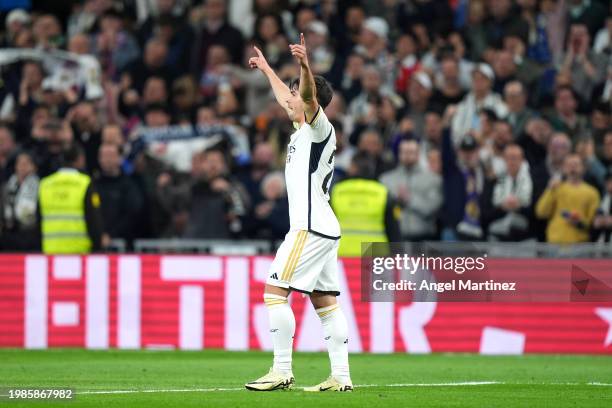 Brahim Diaz of Real Madrid celebrates scoring his team's first goal during the LaLiga EA Sports match between Real Madrid CF and Atletico Madrid at...