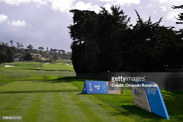 High winds blow over signage during the delayed final round start of the AT&T Pebble Beach Pro-Am at Pebble Beach Golf Links on February 04, 2024 in...