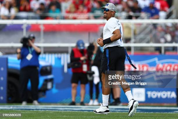 Jalen Hurts of the Philadelphia Eagles and NFC reacts during the first quarter of the 2024 NFL Pro Bowl Games at Camping World Stadium on February...