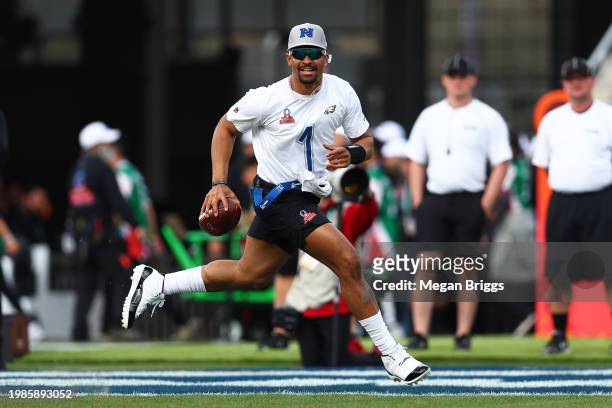 Jalen Hurts of the Philadelphia Eagles and NFC runs with the ball during the first quarter of the 2024 NFL Pro Bowl Games at Camping World Stadium on...