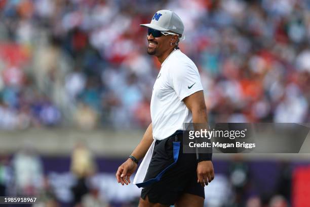 Jalen Hurts of the Philadelphia Eagles and NFC reacts during the first quarter of the 2024 NFL Pro Bowl Games at Camping World Stadium on February...