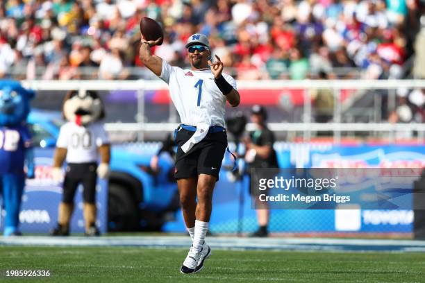 Jalen Hurts of the Philadelphia Eagles and NFC throws the ball during the first quarter of the 2024 NFL Pro Bowl Games at Camping World Stadium on...