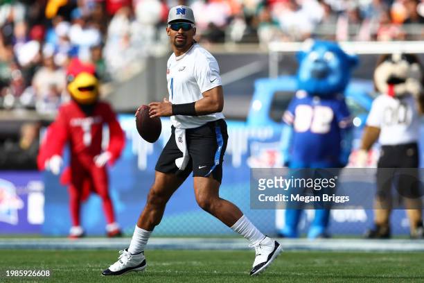 Jalen Hurts of the Philadelphia Eagles and NFC looks to throw the ball during the first quarter of the 2024 NFL Pro Bowl Games at Camping World...