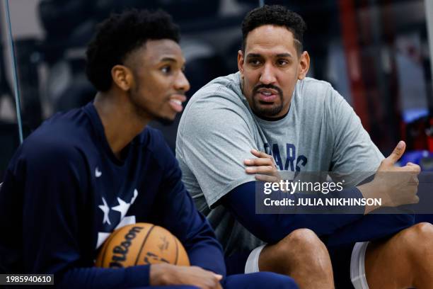 Capital City Go-Go assistant coach Alexis Ajinça speaks with a player during practice at the Medstar Health Performance Center in Washington, DC, on...