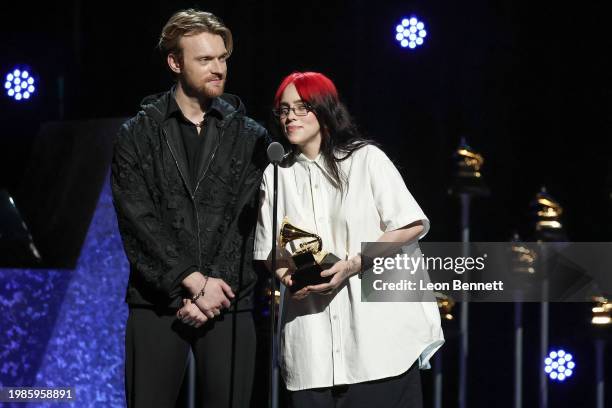 And Billie Eilish accepts the "Song Written for Visual Media" award for "What Was I Made For?" onstage during the 66th GRAMMY Awards at Peacock...