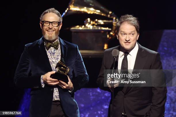 Gordy Haab and Stephen Barton accept the "Score Soundtrack for Video Games and Other Interactive Media" award for "Star Wars Jedi: Survivor" onstage...