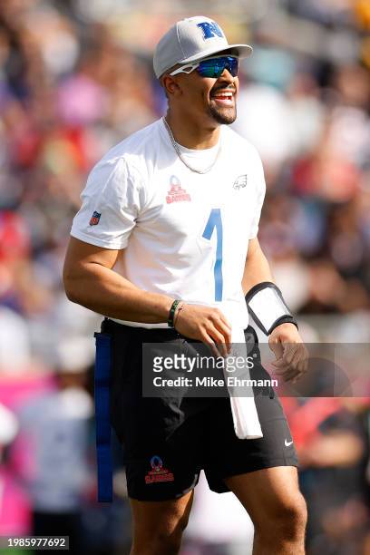 Jalen Hurts of the Philadelphia Eagles and NFC reacts during the first half of the 2024 NFL Pro Bowl Games at Camping World Stadium on February 04,...