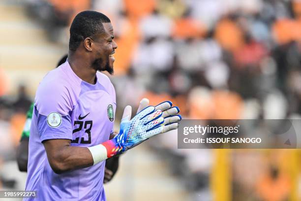 Nigeria's goalkeeper Stanley Nwabali gestures during the Africa Cup of Nations 2024 semi-final football match between Nigeria and South Africa at the...