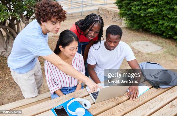 view from above of a multi-ethnic group of young students sitting outside and studying together on their laptops - laptop netbook stock pictures, royalty-free photos & images