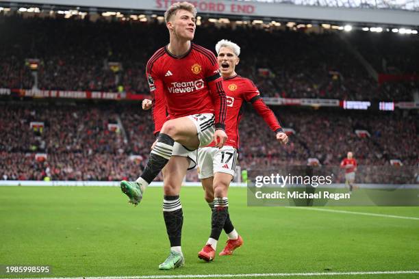 Rasmus Hojlund of Manchester United celebrates scoring the first goal with team mate Alejandro Garnacho during the Premier League match between...