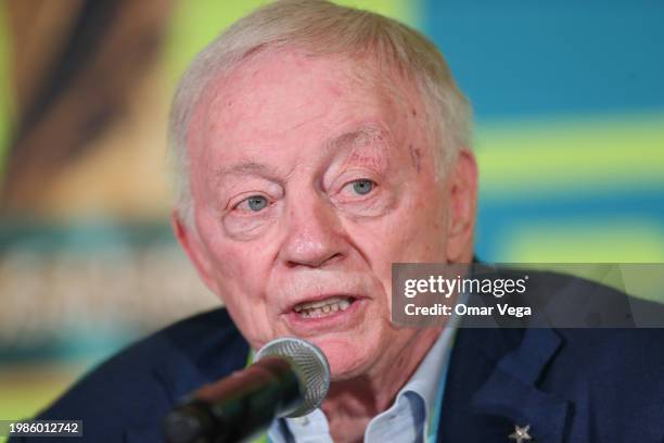 Owner and general manager of the Dallas Cowboys Jerry Jones speaks during the FIFA World Cup 2026 Match Schedule Announcement at AT&T Stadium on...