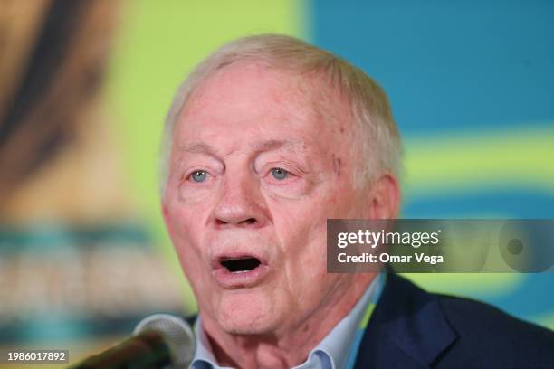 Owner and general manager of the Dallas Cowboys Jerry Jones speaks during the FIFA World Cup 2026 Match Schedule Announcement at AT&T Stadium on...