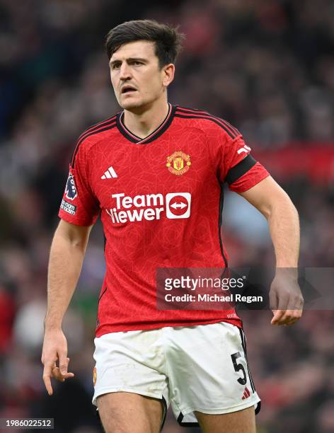 Harry Maguire of Manchester United in action during the Premier League match between Manchester United and West Ham United at Old Trafford on...