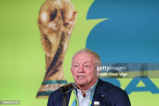 Owner and general manager of the Dallas Cowboys Jerry Jones speaks during the FIFA World Cup 2026 Match Schedule Announcement at AT&T Stadium on...