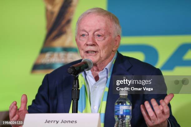 Owner and general manager of the Dallas Cowboys Jerry Jones speaks during the FIFA World Cup 2026 Match Schedule Announcement at AT&T Stadium on...