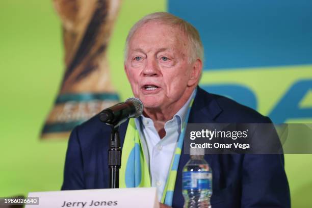 Owner and general manager of the Dallas Cowboys Jerry Jones speaks during the FIFA World Cup 2026 Match Schedule Announcement at AT&T Stadium on...