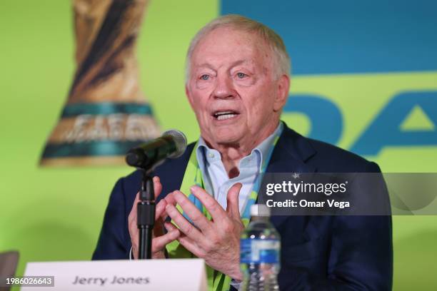 Owner and general manager of the Dallas Cowboys Jerry Jones speaks during the FIFA World Cup 2026 Match Schedule Announcement at AT&T Stadium on...