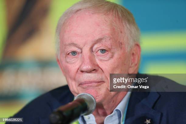 Owner and general manager of the Dallas Cowboys Jerry Jones speaks during the FIFA World Cup 2026 Match Schedule Announcement at AT&T Stadium on...