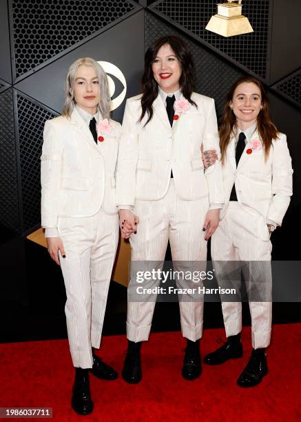 Phoebe Bridgers, Lucy Dacus, and Julien Baker of 'boygenius' attend the 66th GRAMMY Awards at Crypto.com Arena on February 04, 2024 in Los Angeles,...