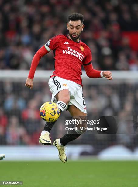 Bruno Fernandes of Manchester United in action during the Premier League match between Manchester United and West Ham United at Old Trafford on...