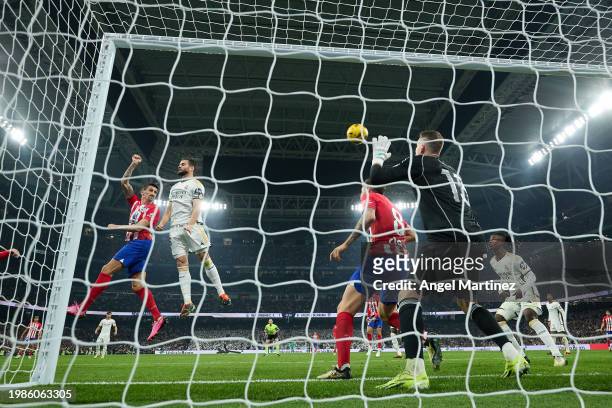 Stefan Savic of Atletico de Madrid a goal that is later disallowed during the LaLiga EA Sports match between Real Madrid CF and Atletico Madrid at...