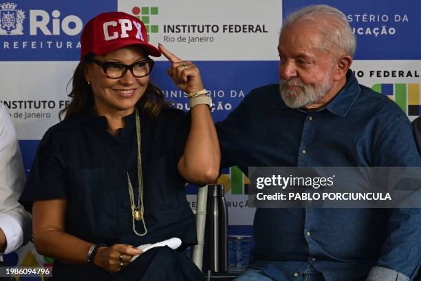 Brazil's President Luiz Inacio Lula da Silva and Brazilian First Lady Rosangela "Janja" da Silva take part in the laying of the foundation stone for...