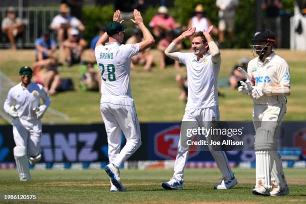 Ruan de Swardt of South Africa celebrates after dismissing Kane Williamson during day two of the First Test in the series between New Zealand and...