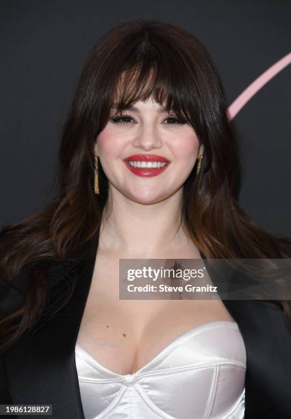 Selena Gomez arrives at the Premiere Of "Lola" at Regency Bruin Theatre on February 03, 2024 in Los Angeles, California.