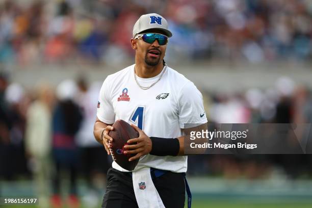Jalen Hurts of the Philadelphia Eagles and NFC looks to throw the ball during the 2024 NFL Pro Bowl Games at Camping World Stadium on February 04,...