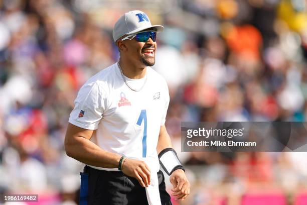 Jalen Hurts of the Philadelphia Eagles and NFC reacts during the 2024 NFL Pro Bowl Games at Camping World Stadium on February 04, 2024 in Orlando,...