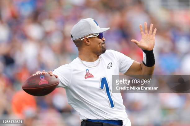 Jalen Hurts of the Philadelphia Eagles and NFC throws the ball during the first half of the 2024 NFL Pro Bowl Games at Camping World Stadium on...