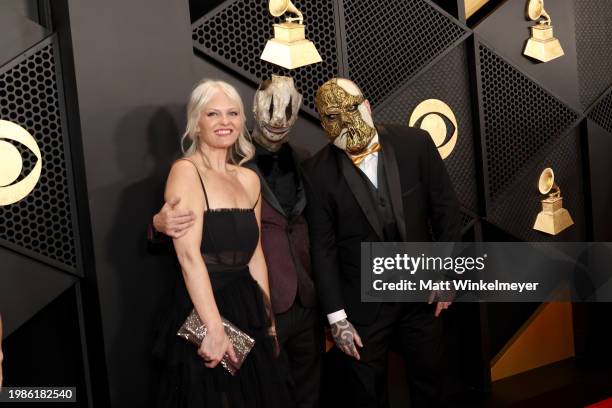 Anna Pfaff, Mike Pfaff and Alessandro Venturella of Slipknot attend the 66th GRAMMY Awards at Crypto.com Arena on February 04, 2024 in Los Angeles,...