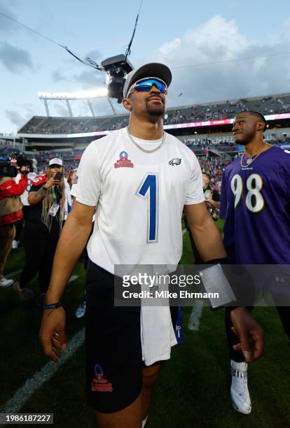 Jalen Hurts of the Philadelphia Eagles and NFC walks off the field after defeating the AFC 64-59 during the 2024 NFL Pro Bowl Games at Camping World...