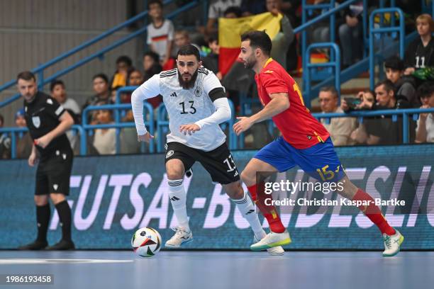 Muhammet Soezer of Germany challenges Cesar Velasco Lopez of Spain during the Futsal Friendly match between Germany and Spain at F.a.n....