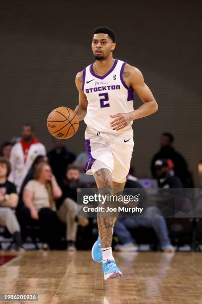 Jeremy Lamb of the Stockton Kings dribbles the ball against the Memphis Hustle on February 7, 2024 at Landers Center in Southaven, Mississippi. NOTE...