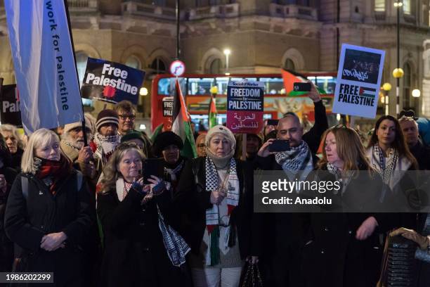 Journalists, media workers and supporters gather for a demonstration to protest against killing of journalists in Gaza outside the BBC Broadcasting...