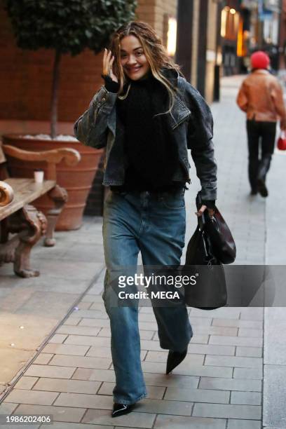 Rita Ora is seen arriving at the Ham Yard Hotel on February 7, 2024 in London, United Kingdom.