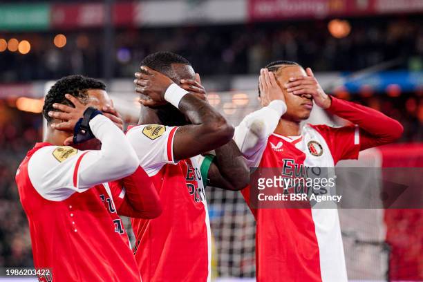 Lutsharel Geertruida of Feyenoord celebrates after scoring his teams first goal, Calvin Stengs of Feyenoord, Quinten Timber of Feyenoord standing...